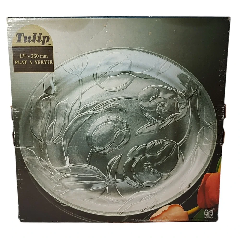 Vintage Kig Group Round Serving Platter Embossed Tulips‎ Clear Glass 13 inch SEE